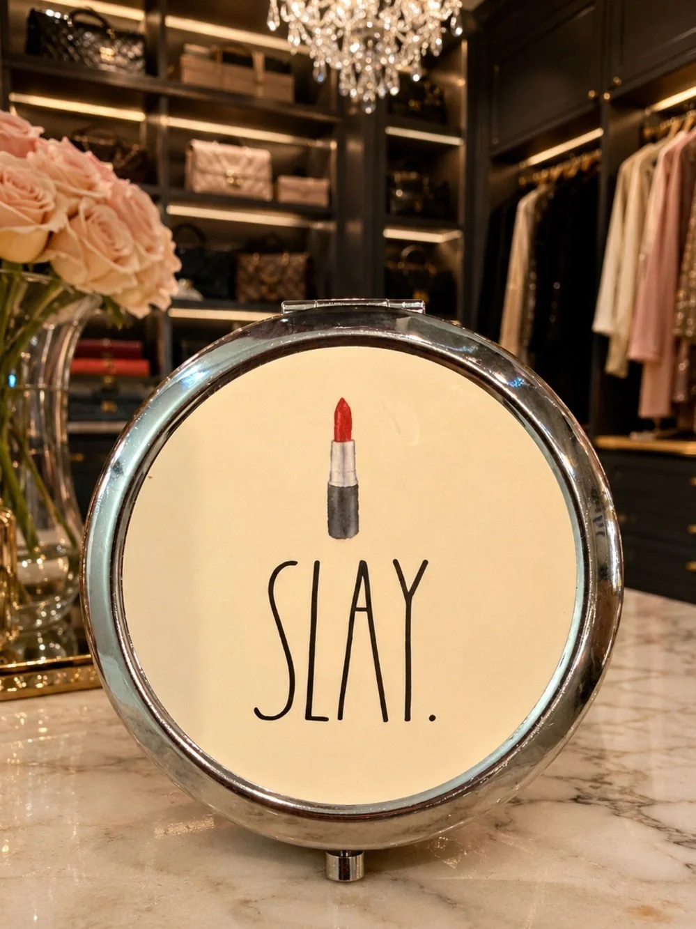 SLAY Round Silver Compact Mirror with Lipstick Graphic